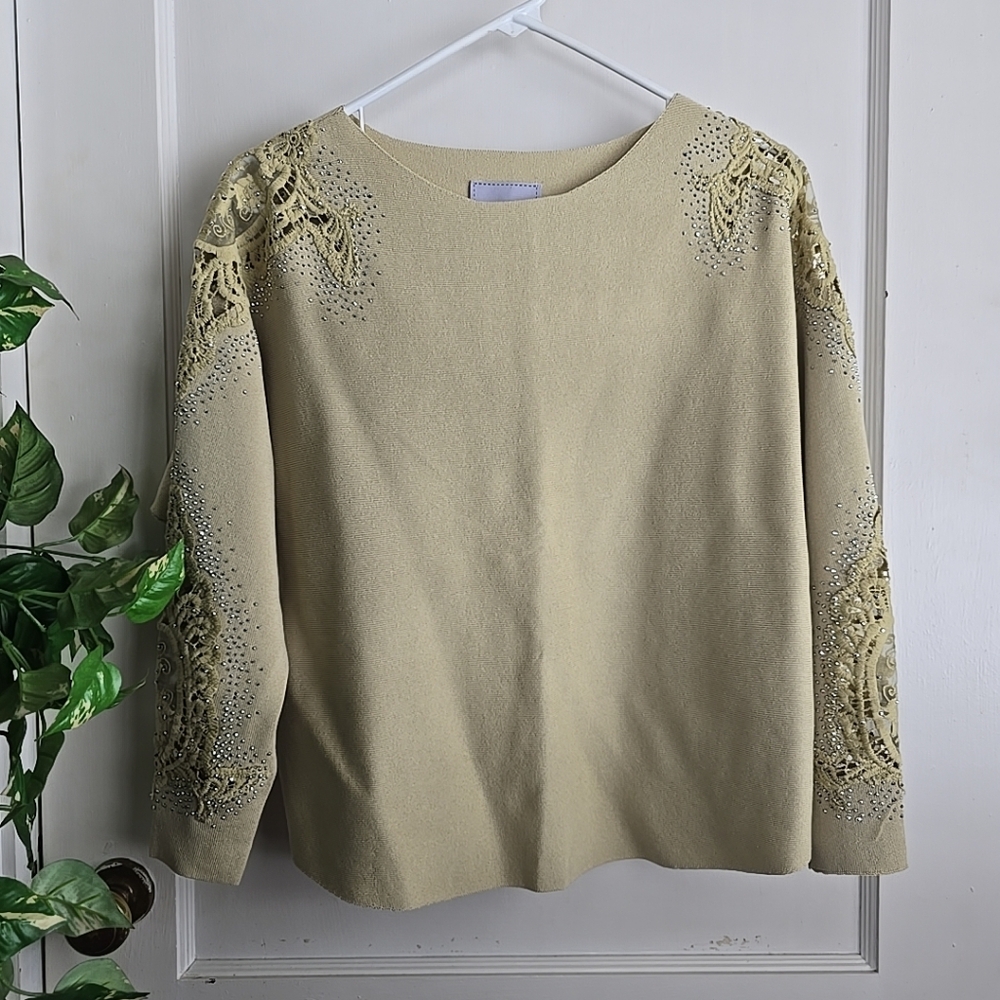 LIV Milano Womens Lace Sheer Sleeve Knit Sweater Size Medium NWT